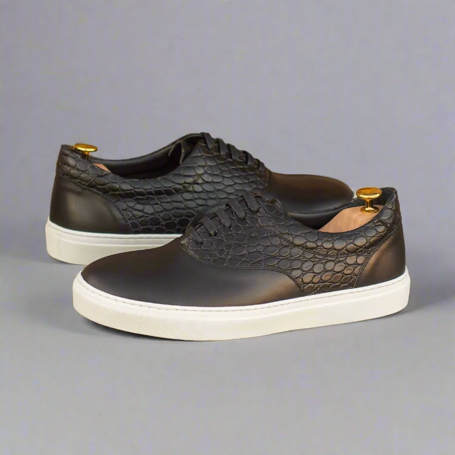 Ambrogio Bespoke Custom Men's Shoes Black Crocodile Print / Calf-Skin Leather Casual Sneakers (AMB1988)