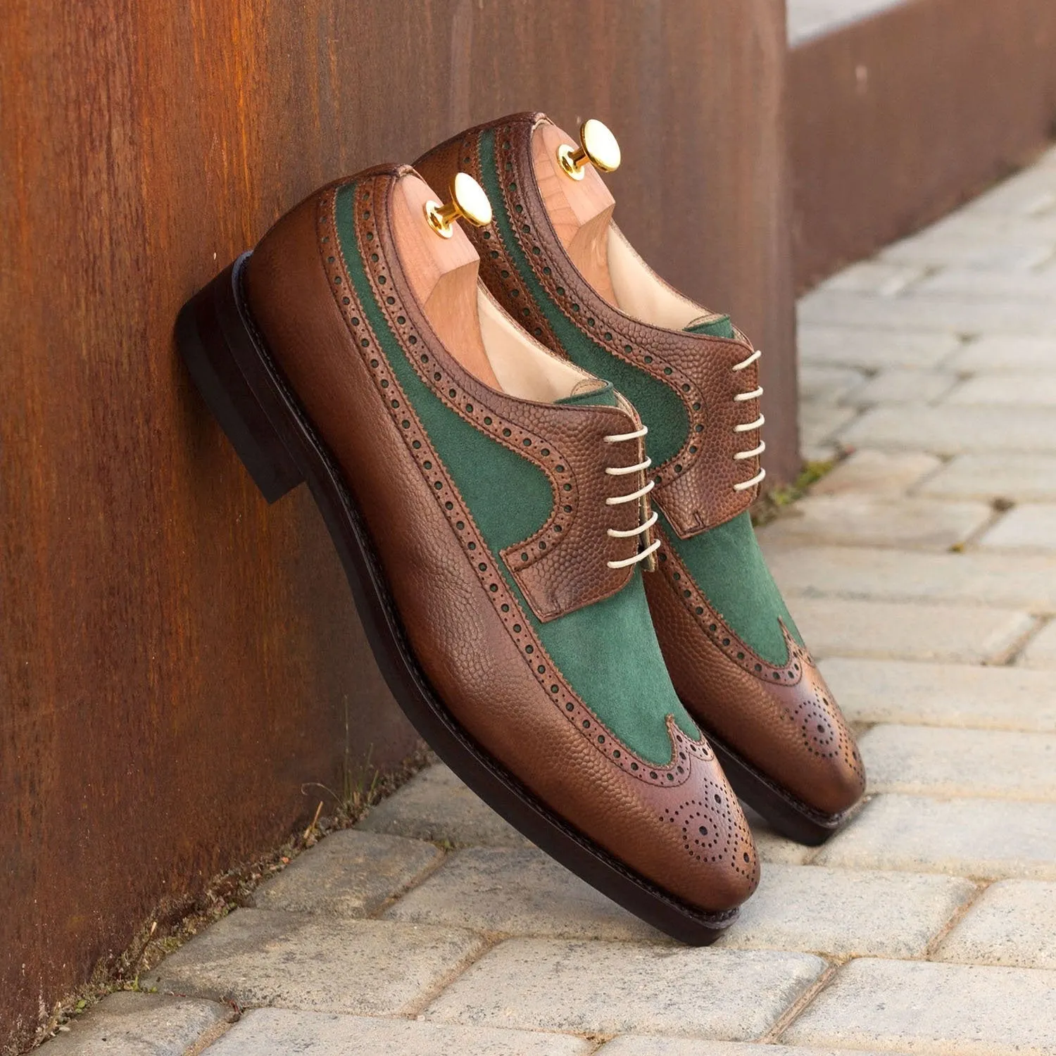 Ambrogio Bespoke Custom Men's Shoes Green & Brown Suede / Pebble Grain Leather Longwing Blucher Oxfords (AMB2166)