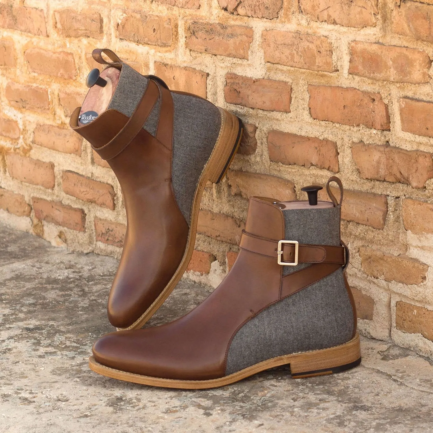 Ambrogio Bespoke Custom Men's Shoes Light Gray & Brown Flannel Fabric / Calf-Skin Leather Jodhpur Boots (AMB2108)