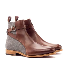 Ambrogio Bespoke Custom Men's Shoes Light Gray & Brown Flannel Fabric / Calf-Skin Leather Jodhpur Boots (AMB2108)