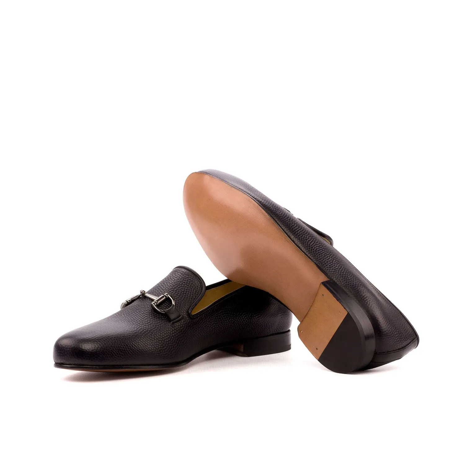 Ambrogio Bespoke Men's Handmade Custom Made Shoes Black Pebble Grain / Calf-Skin Leather Wellington Loafers (AMB1313)