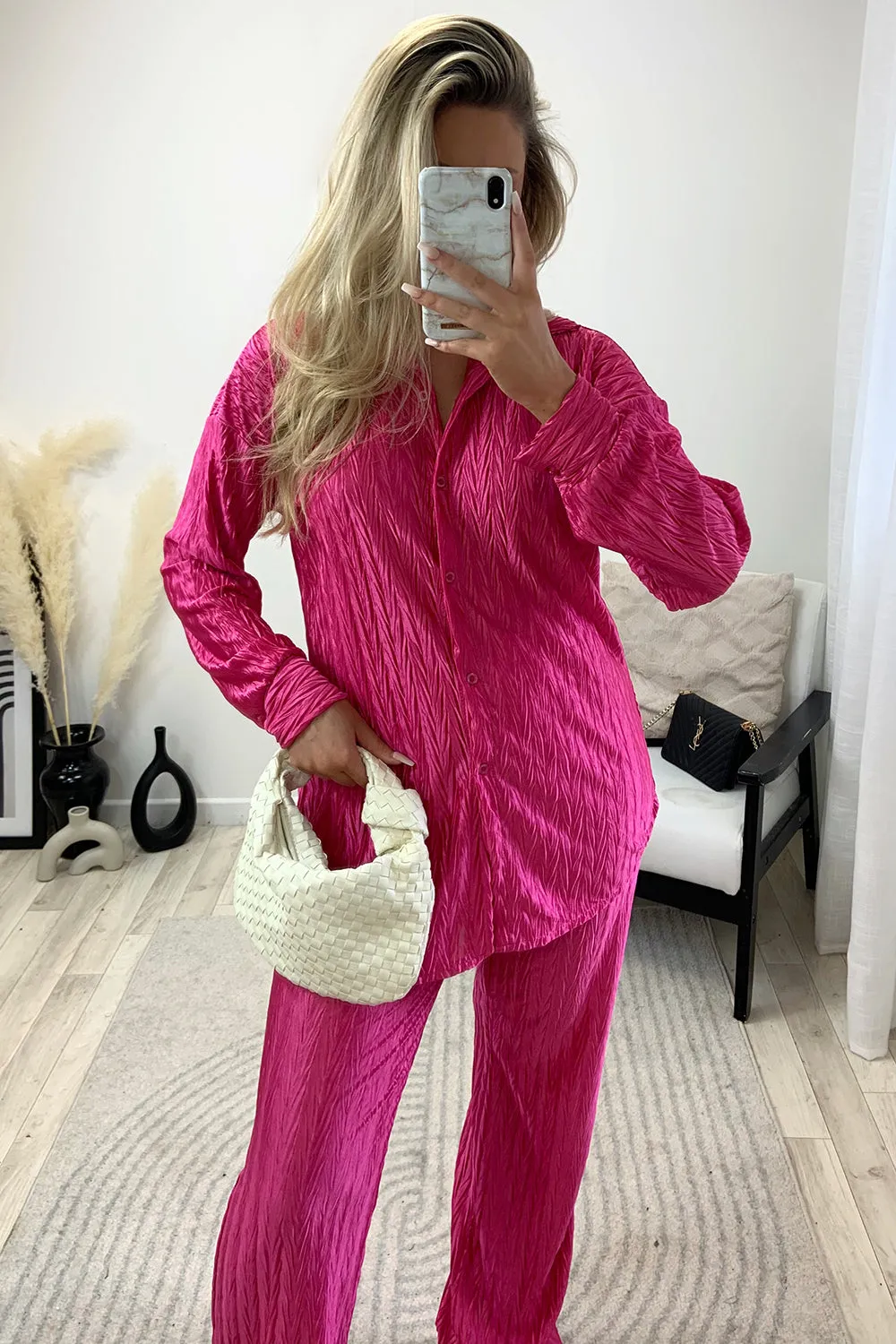 Amya Pink Textured Plisse Oversized Shirt and Trouser Co-Ord Set