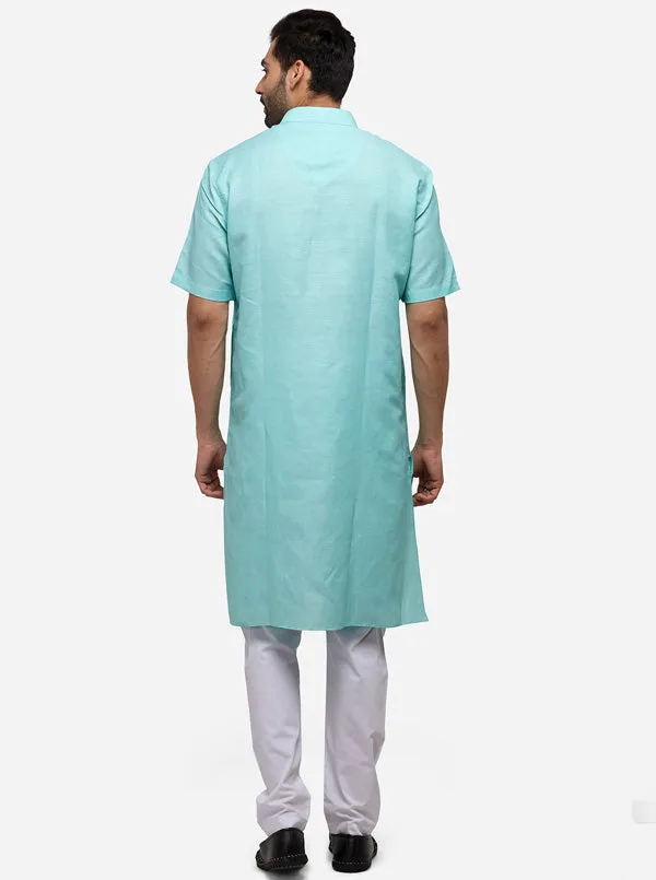 Aqua Blue Self Textured Regular Fit Modi Kurta | JadeBlue