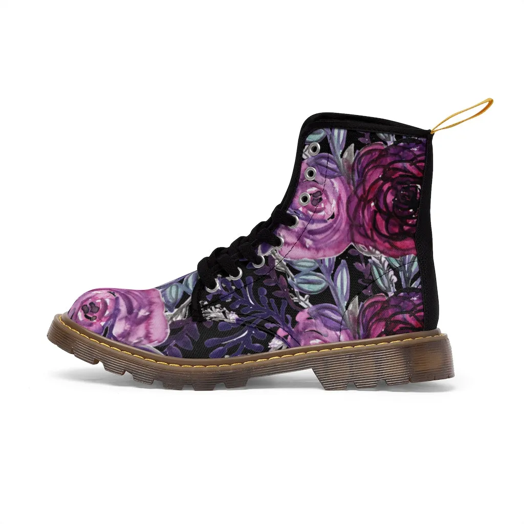 Black Purple Rose Women's Boots, Floral Print Spring Style Winter Combat Lace-up Boots For Ladies