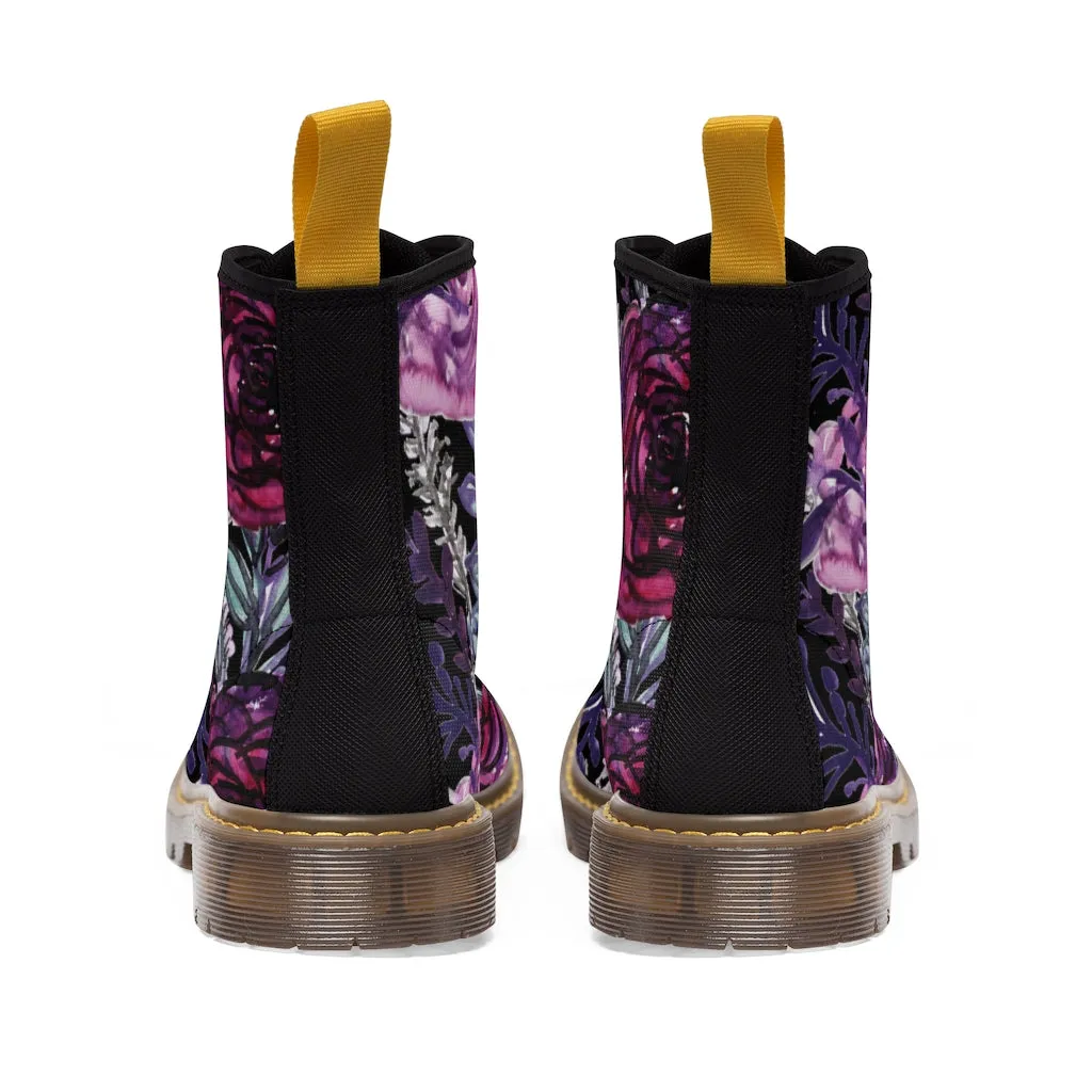 Black Purple Rose Women's Boots, Floral Print Spring Style Winter Combat Lace-up Boots For Ladies