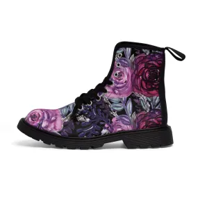 Black Purple Rose Women's Boots, Floral Print Spring Style Winter Combat Lace-up Boots For Ladies