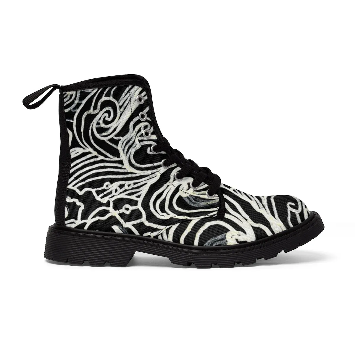 Black Waves Women's Boots, Curvy Waves Pattern Winter Lace-up Toe Cap Boots Shoes