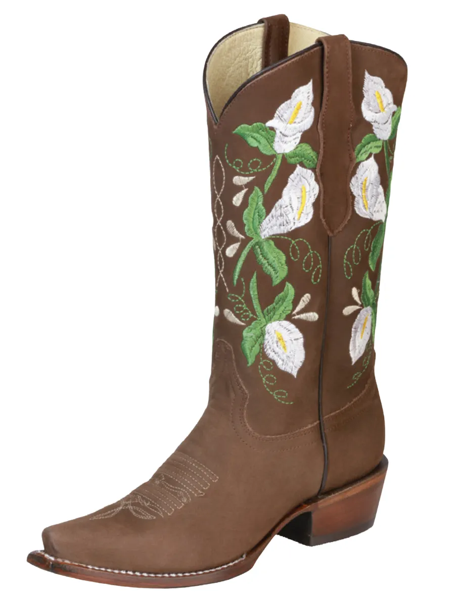 Botas Vaqueras Retro con Tubo Bordado de Flores de Piel Nobuck para Mujer 'Centenario' - ID: 43291