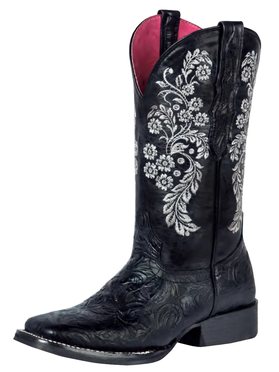 Botas Vaqueras Rodeo con Grabado Floral de Piel Genuina para Mujer 'El General' - ID: 44636