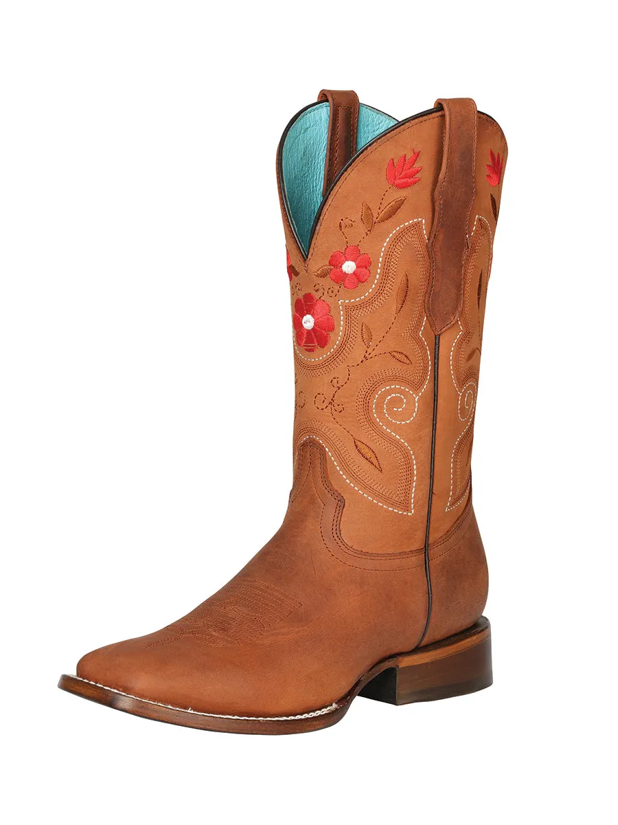 Botas Vaqueras Rodeo con Tubo Bordado de Flores de Piel Genuina para Mujer 'El General' - ID: 125367