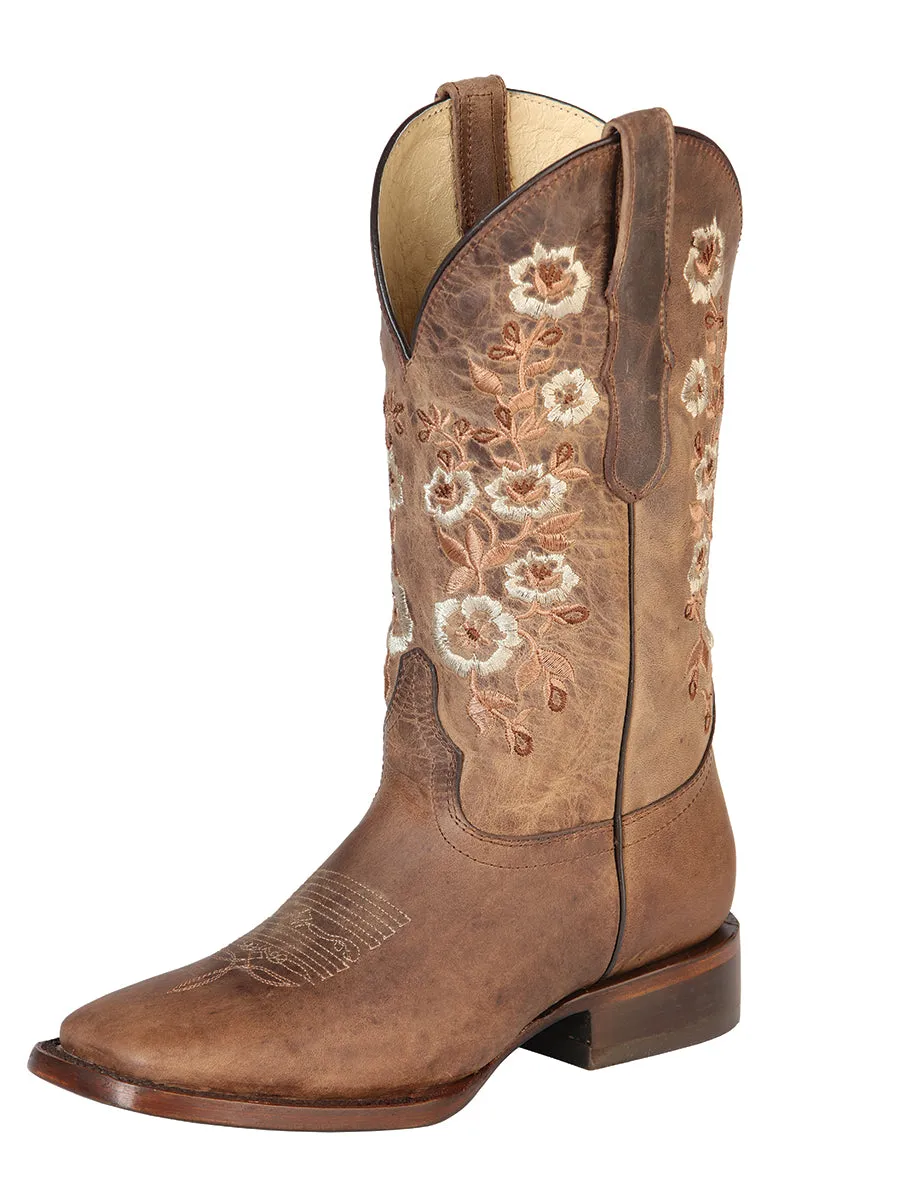 Botas Vaqueras Rodeo con Tubo Bordado de Flores de Piel Genuina para Mujer 'El General' - ID: 51231