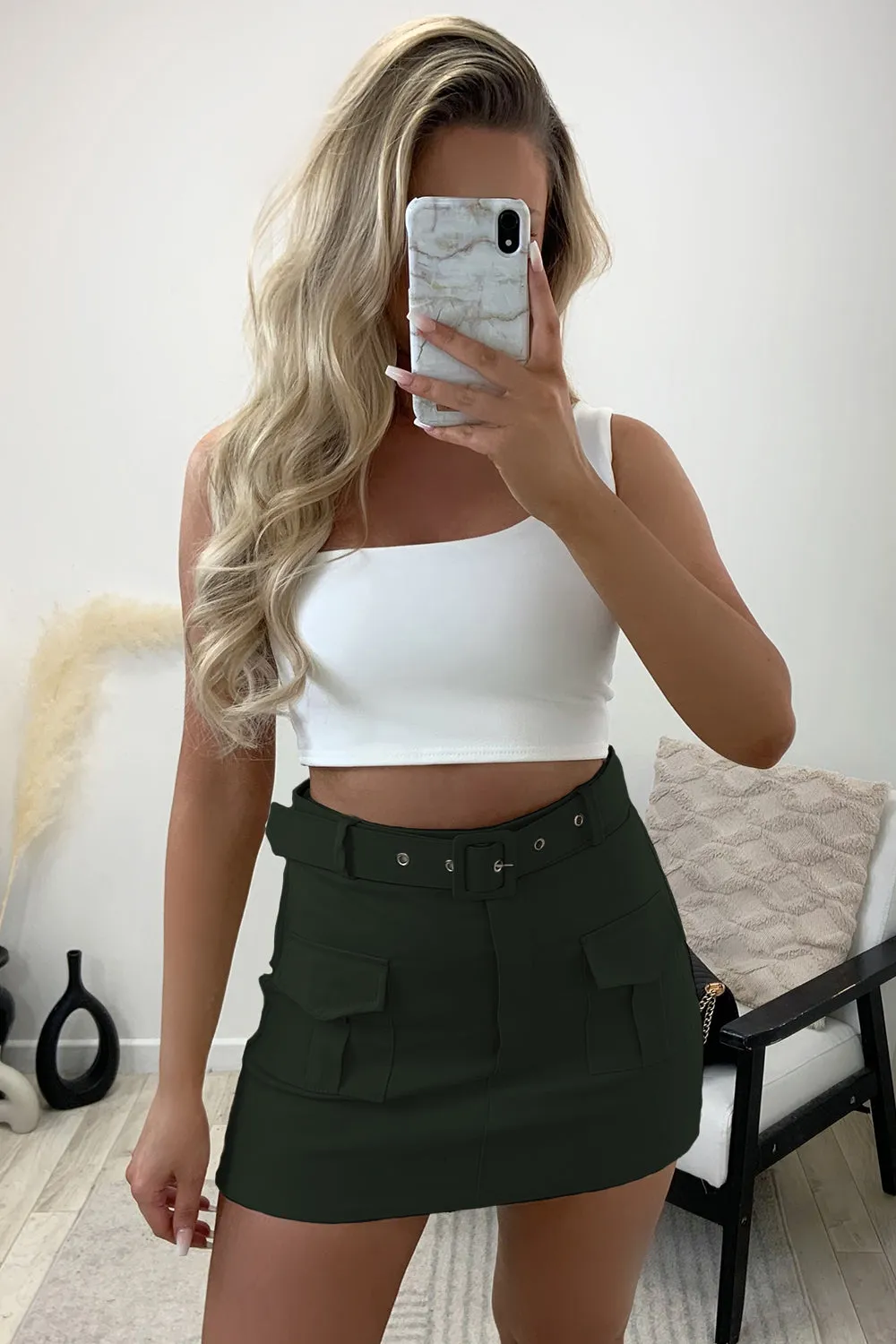 Carina Khaki Belted High Waisted Cargo Skort