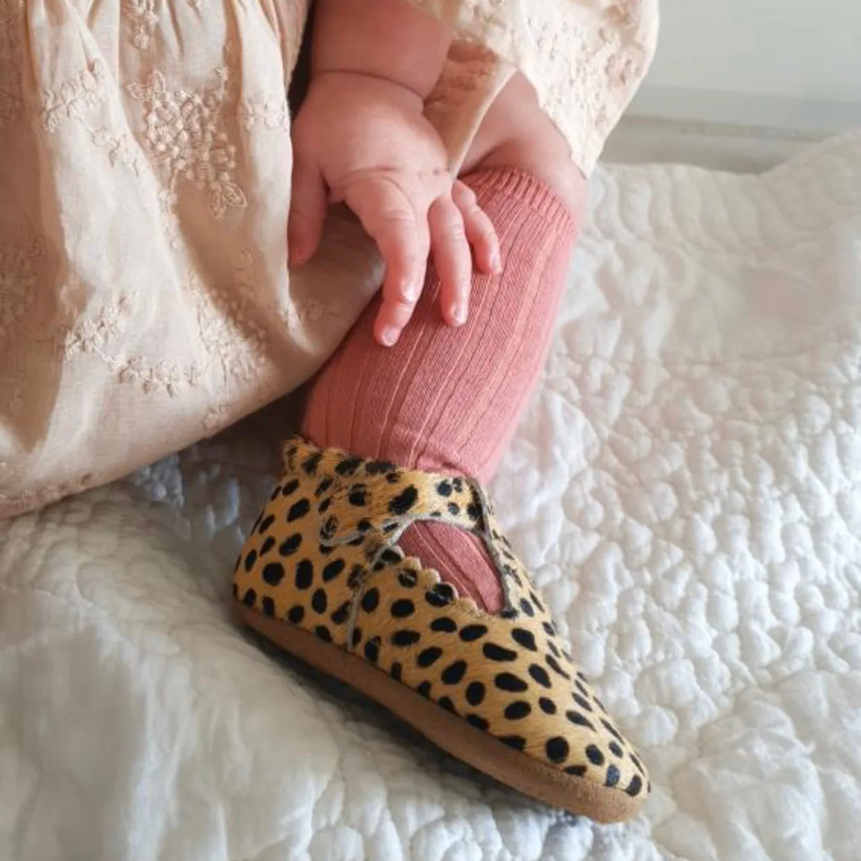 Cheetah Calf Hair Leather Baby T Bar Shoe