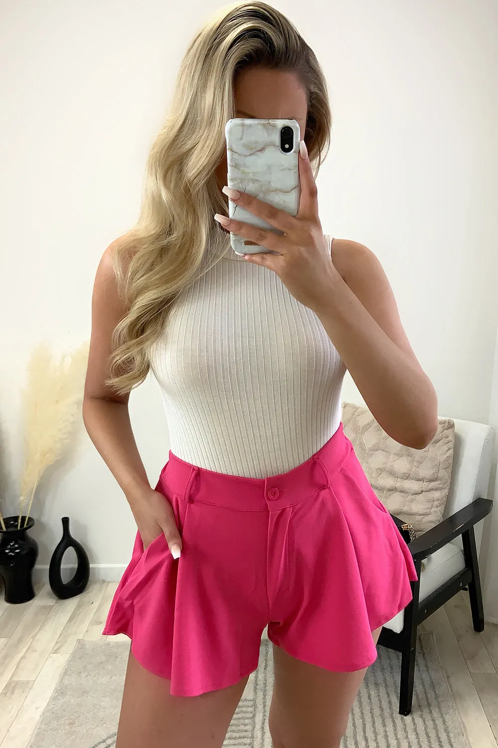 Daniella Pink High Waisted Flared Shorts