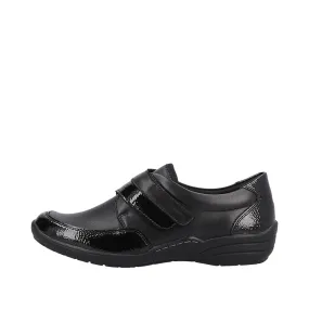 Ladies Strap Over Remonte Shoes Black Patent Mix Wider Fit R7600-04