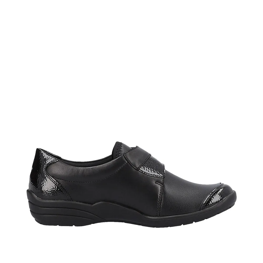 Ladies Strap Over Remonte Shoes Black Patent Mix Wider Fit R7600-04