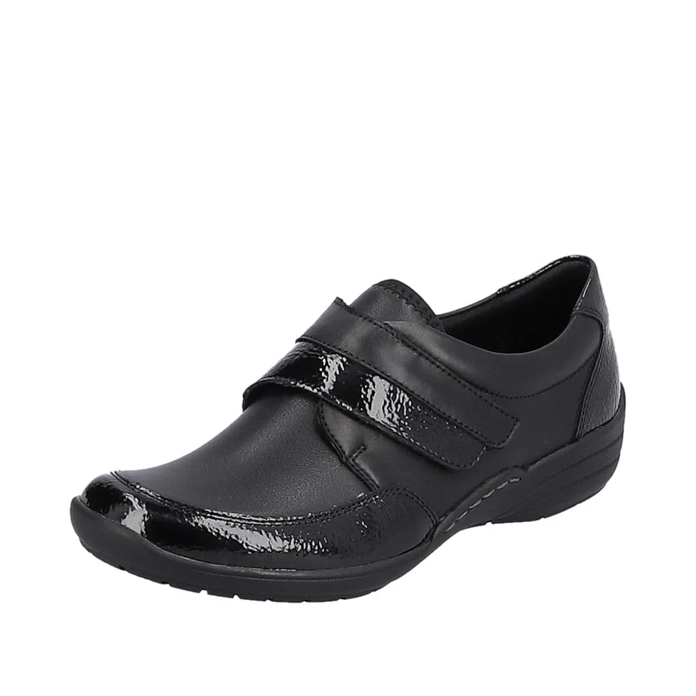 Ladies Strap Over Remonte Shoes Black Patent Mix Wider Fit R7600-04