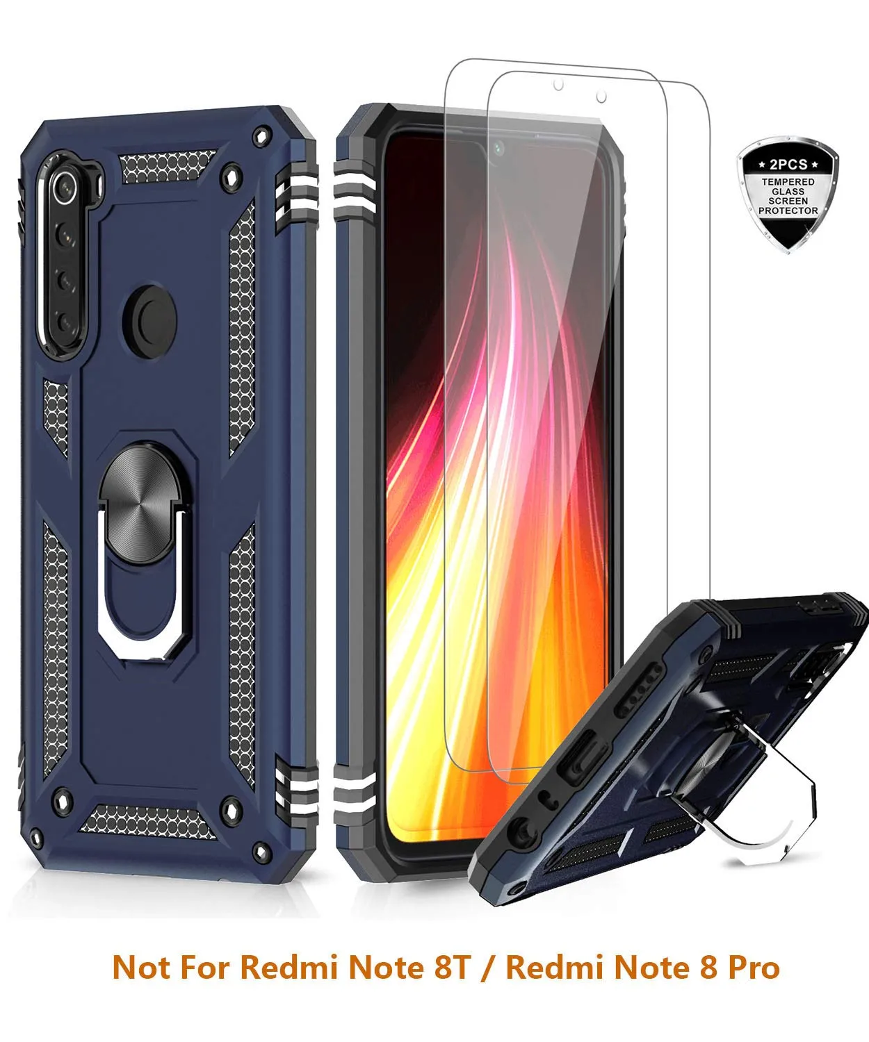 LeYi Xiaomi Redmi Note 8 Case with Tempered Glass Screen Protector(2 Pack),Magnetic Ring Holder [Military Grade] Protective Silicone TPU Shockproof